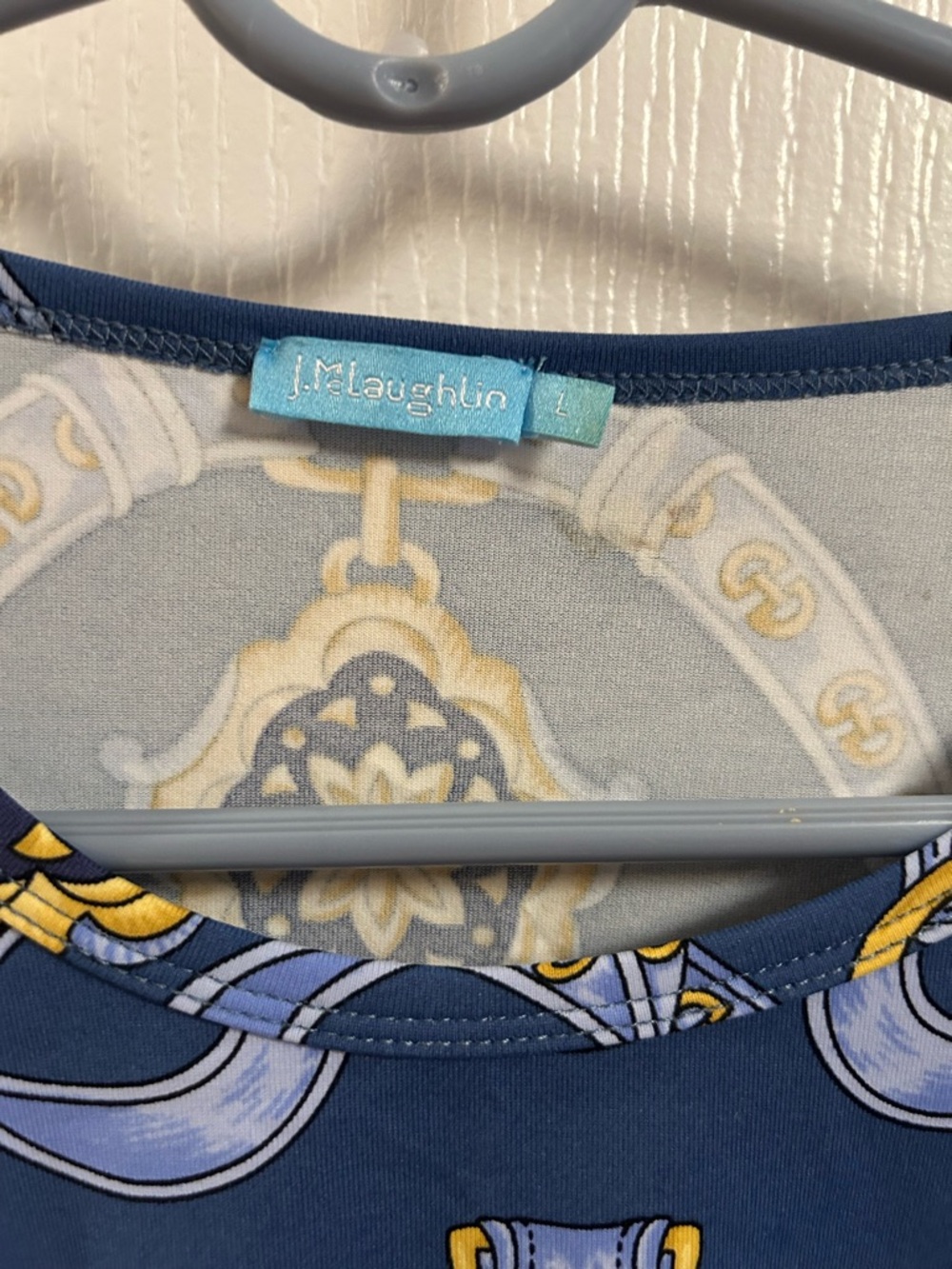 J. McLaughlin Navy Blue and Gold Patterned Long-Sleeve Top - Picture 2 of 4